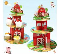 Shein 1 Set/2 Sets Soporte para cupcakes y tartas de 3 niveles con diseño de animales de granja en estilo rojo, para decoración de fiestas, cumpleaños y eve