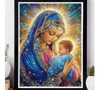 Shein 1 Set 40*50cm Pintura de Diamante Redonda de Taladro Completo DIY, Madre Sagrada Sosteniendo Bebé, Escena de Atmósfera Divina, Todas las Estaciones, A