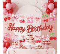 Shein 1 set Bandera colgante de cumpleaños feliz con lazo rosa y cereza, guirnalda de frutas con letras rojas brillantes y lazo a cuadros, suministros para