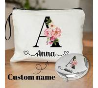 Shein 1 Set (Bolsa de maquillaje + Espejo de maquillaje) Bolsa de maquillaje de lona personalizada con nombre y 26 letras en inglés, bolso personalizado, bo