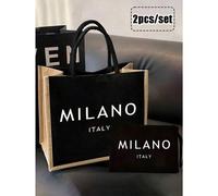 Shein 1 Set Bolso de Lino, Incluye 1 Bolso de Tote Impreso con el Texto "Milán, Italia" y 1 Pequeña Bolsa Impresa con Flores y Letras, Empaque de Regalo Per