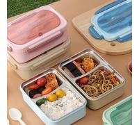 Shein 1 Set Caja Bento de 4 compartimentos con tapa divisoria y tenedor y cuchara, Recipiente de almuerzo de plástico para oficina, estudiante, escuela, fie