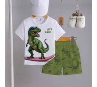 Shein 1 Set Camiseta de manga corta con gráfico de dinosaurio de dibujos animados y estampado "¡VAMOS A RUGIR!" y pantalones cortos verdes con estampado de