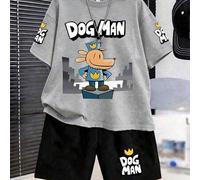 Shein 1 Set Camiseta de manga corta y pantalón de chándal con estampado del perro detective DOGMAN de dibujos animados para niños, regalo perfecto de verano
