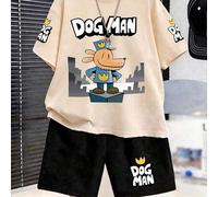 Shein 1 Set Camiseta de manga corta y pantalón de chándal con estampado del perro detective DOGMAN de dibujos animados para niños, regalo perfecto de verano