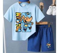 Shein 1 Set Camiseta de manga corta y pantalones cortos con estampado de perro detective de dibujos animados, adecuado para niños adolescentes, regalo de ve