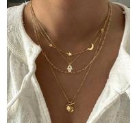 Shein 1 set Collar multicapa para mujer con dijes de estrella, luna y ojo de diablo, regalo casual/festivo