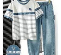 Shein 1 Set Conjunto de 2 piezas para niño preadolescente con efecto vintage, estampado de jinete a caballo, rayas y eslogan, color azul y blanco con degrad
