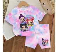 Shein 1 Set Conjunto de camiseta de manga corta con cuello redondo y pantalones cortos con estampado de niña K-POP de dibujos animados y efecto tie-dye para