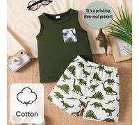 Shein 1 Set Conjunto de top de algodón sin mangas con estampado de dinosaurio y pantalones cortos con estampado de dinosaurio para bebé niño, de estilo mini