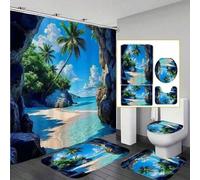 Shein 1 Set de accesorios de baño con decoración de playa tropical, incluye 1/4 de cortina de ducha de poliéster con 12 ganchos, alfombra tejida impermeable