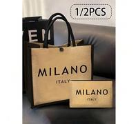 Shein 1 Set de Bolsa de Lino y Bolsillo, que incluye 1 Bolsa de Lona Impresa con el Texto "Milán Italia" y 1 Bolsillo Estampado con Diseño de Letras, Empaqu