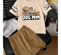 Shein 1 Set de Camiseta de manga corta y pantalones cortos cargo con estampado de perro detective de dibujos animados para niños adolescentes, ropa deportiv