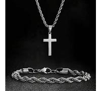 Shein 1 Set de Collar con Colgante de Cruz de Acero Inoxidable y Pulsera Casual de Cadena para Hombres, Adecuado para Todas las Estaciones, Sin Riesgo de As