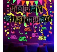 Shein 1 Set de Decoraciones de Fiesta de Cumpleaños Neón, Pancarta de Feliz Cumpleaños Fluorescente, Decoración Colgante de Remolinos UV Fluorescentes, Deco