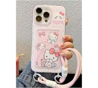Shein 1 Set de Funda de teléfono con diseño de Hello Kitty rosa de moda y lindo + Portacartas con estampado de Kitty + Cordón, diseño de colores contrastant