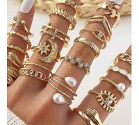 Shein 1 Set de Perlas Imitadas Geométricas de Moda con Strass, Gotas de Agua, Luna y Estrellas, Anillos de Abrazo, Set para Mujeres