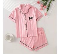 Shein 1 Set de pijamas clásicos de rayas rosa y blanco con aspecto de satén para niñas grandes, que incluye una blusa de manga corta con cuello de solapa y