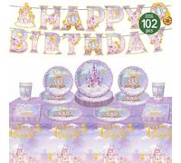 Shein 1 Set de platos, servilletas, vasos, mantel y banderas desechables con diseño de carruaje de castillo de princesa lavanda para fiesta de cumpleaños, a