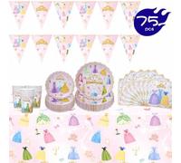 Shein 1 Set de platos, servilletas, vasos, mantel y banderines con forma de pétalos de corona y vestido de princesa, set de suministros para fiesta para 16