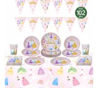 Shein 1 Set de Platos, Servilletas, Vasos, Mantel y Banderines Desechables con Diseño de Vestido y Corona de Princesa, Suministros Desechables para Fiesta d