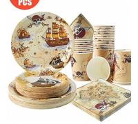 Shein 1 Set de Platos, Servilletas y Vasos Desechables con Mapa del Tesoro Pirata, Platos, Servilletas y Vasos con Temática Pirata, Adecuado para 25 Invitad