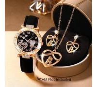 Shein 1 Set de reloj de mujer con correa de PU, reloj de cuarzo con esfera enjoyada y collar, aretes, anillos y accesorios con rubíes. Perfecto para uso dia