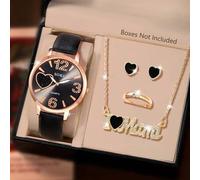 Shein 1 Set de reloj de mujer con correa de PU, reloj de cuarzo con esfera enjoyada y collar, aretes, anillos y accesorios con rubíes. Perfecto para uso dia