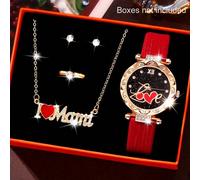 Shein 1 Set de reloj de mujer con correa de PU, reloj de cuarzo con esfera enjoyada y collar, aretes, anillos y accesorios con rubíes. Perfecto para uso dia