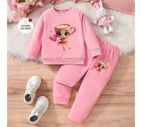 Shein 1 Set de sudadera y pantalón de chándal con estampado de taza de café con corazón y diseño de bailarina italiana para niñas pequeñas, conjunto adorabl