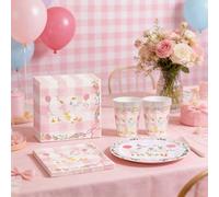 Shein 1 Set de vajilla de fiesta de cumpleaños con tema de ganso tonto y decoración de moño rosa, que incluye platos, vasos, servilletas, adecuado para fies