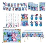 Shein 1 set Decoración de fiesta de cumpleaños azul Stitch, vajilla de papel, bandeja de papel, vaso de papel, mantel, pancarta, decoración colgante para Ha