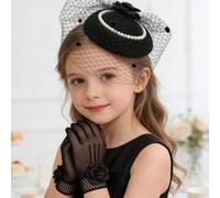 Shein 1 Set Elegante Conjunto de Tocado y Guantes de Malla Vintage para Niños, Decorado con Rosas de Satén y Perlas, Adecuado para Niñas de las Flores y Act