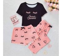 Shein 1 Set Estilo Sweet Dream Pijama para niña preadolescente, parte superior con pestañas y estampado "Sweet Dreams", Bottom con base naranja-rosa y panta