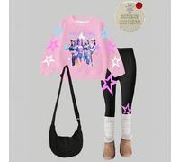 Shein 1 Set Fashionable Casual Cool K-POP Chica preadolescente Star Pattern Pink Crew Neck Sweatshirt And Leggings Set, Suitable For Outings, Gatherings, Ho