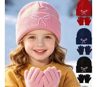 Shein 1 Set Gorro de bebé de punto con lazo, cómodo, cálido y lindo, gorro y guantes de invierno para niños, accesorios para exteriores, gorro de invierno p