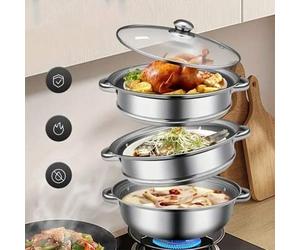 Shein 1 Set, Juego de olla vaporera de 3 niveles, olla a presión multiusos de acero inoxidable con tapa, vaporera para verduras, utensilios de cocina, acces