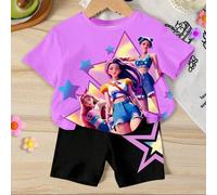 Shein 1 Set Moda casual para niñas jóvenes Camiseta de punto de manga corta con estampado de estrella brillante y degradado de K-POP y pantalones cortos a j
