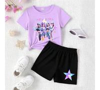 Shein 1 Set Niña Bebé Casual Lindo Grupo de Chicas K-Pop Letra y Estampado de Estrella Pentagrama Cuello Redondo Manga Corta Camiseta y Pantalones Cortos Se