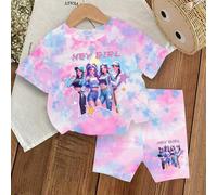 Shein 1 Set Niñas Jóvenes Casual Lindo Dibujo Animado K-POP Teñido Anudado Impresión Manga Corta Cuello Redondo Camiseta y Pantalones Cortos Set, Adecuado p