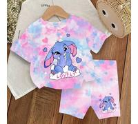 Shein 1 Set Niñas Jóvenes Casual Lindo Dibujo Animado K-POP Teñido Anudado Impresión Manga Corta Cuello Redondo Camiseta y Pantalones Cortos Set, Adecuado p