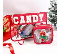 Shein 1 Set Organizador de bolsa de maquillaje navideña, bolsa de cosméticos multiusos con parches bordados "DULCES" "SNACKS", sobre de sherpa transparente,