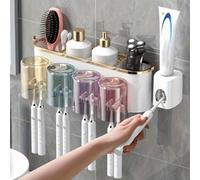 Shein 1 Set Organizador de pared multifuncional para cepillo de dientes y soporte para vasos, con dispensador de pasta de dientes y organizador de almacenam