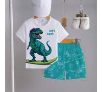 Shein 1 Set Outfit casual y lindo para bebé niño, Camiseta con gafas de sol, estampado de dinosaurio y "¡VAMOS A RUGIR!", Pantalones cortos con estampado de