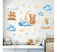 Shein 1 Set Pegatinas Adhesivas de Pared con Diseño de Oso de Animal de Dibujos Animados, Nube Azul, Estrella y Luna, Decoración de Pared para Baby Shower,