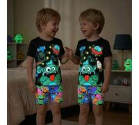 Shein 1 set Pijama de niños pequeños con camiseta de manga corta con estampado de monstruos y naves espaciales que brillan en la oscuridad, y pantalones lar