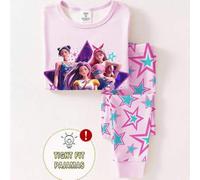 Shein 1 Set Pijama de top de manga corta y pantalones de ajuste ceñido con diseño de cuello y puños con gráfico de banda para niñas jóvenes, primavera/veran