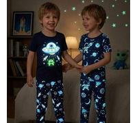 Shein 1 set Pijamas que brillan en la oscuridad para niños pequeños, con estampados de naves espaciales, cohetes y monstruos, camiseta de manga corta y pant