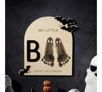 Shein 1 Set Placa de Madera con Arte de Huellas de Pies Tema "Little Boo" de Halloween - Accesorio de Fotografía para Recién Nacidos, Regalo de Recuerdo par