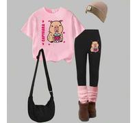 Shein 1 set Ropa informal y adorable para niñas con estampado gráfico de Pepa Pig que incluye blusa de manga corta y pantalones hasta el tobillo, para prima